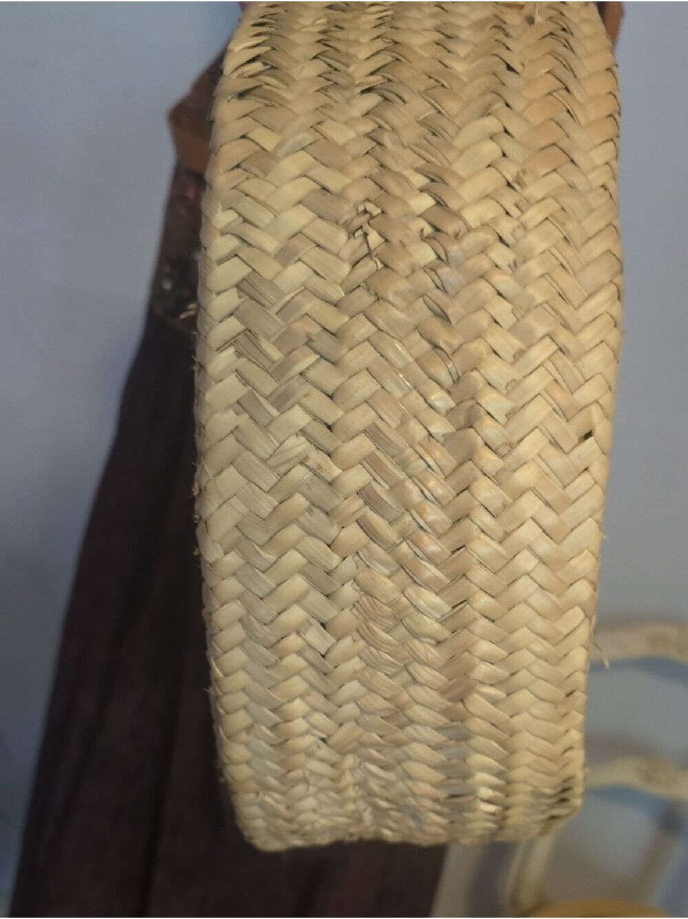 Woven Straw Circle Adjustable Crossbody Bag with Tan Leather Tassel Flap - Picture 7 of 10